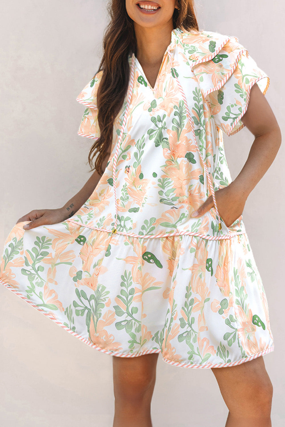 Sky Blue Floral Contrast Edge Layered Short Sleeve Mini Dress