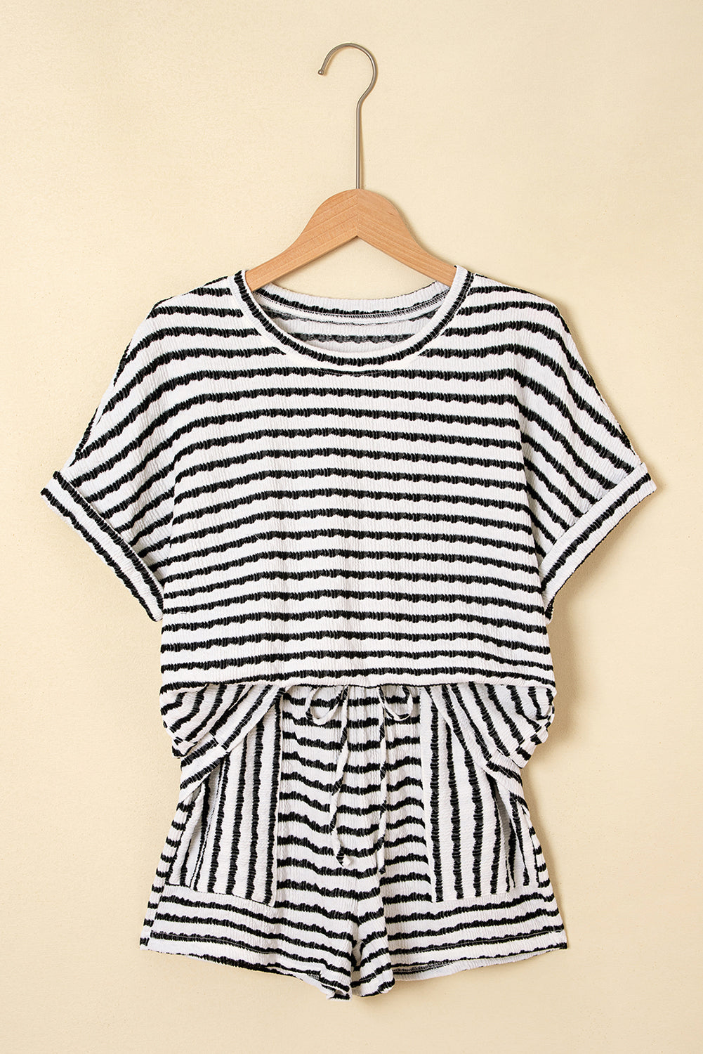 Sky Blue Stripe Knitted Short Sleeve Top and Drawstring Shorts Set
