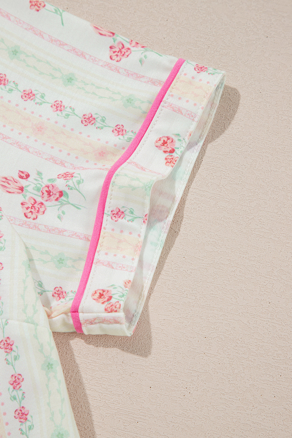 Beige Bow Fruit Print Contrast Pipping Short Pajamas Set