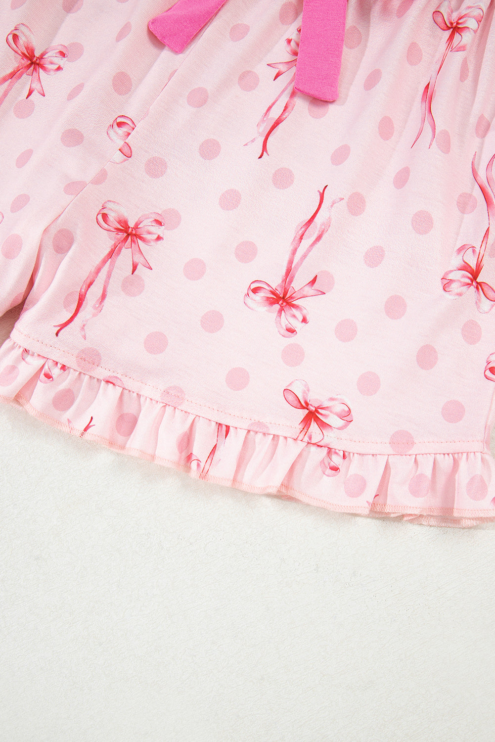 Beige Bow Fruit Print Contrast Pipping Short Pajamas Set