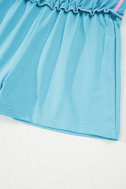 Turquoise Colorblock Edge Drop Shoulder T Shirt and Skirt 2Pcs Set