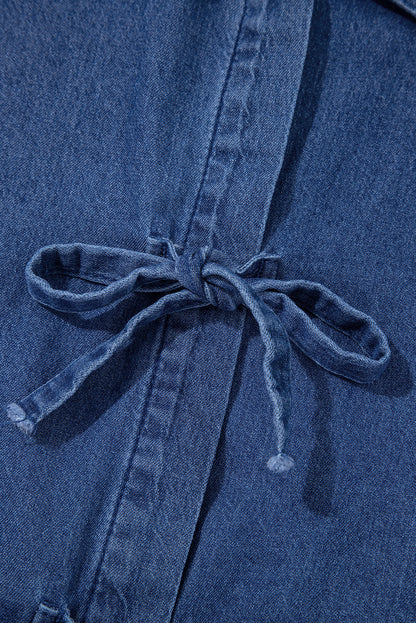 Sail Blue Tied Front Bubble Sleeve Peplum Denim Shirt