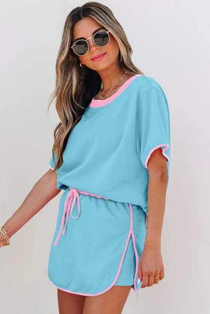 Turquoise Colorblock Edge Drop Shoulder T Shirt and Skirt 2Pcs Set