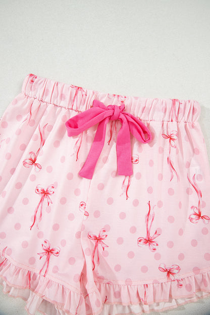 Beige Bow Fruit Print Contrast Pipping Short Pajamas Set