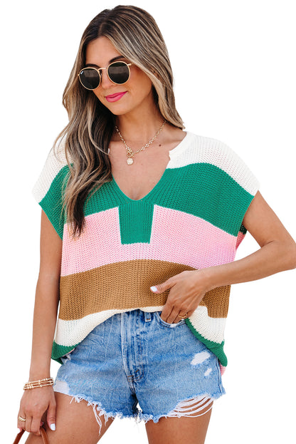 Pink Color Block Notch V Neck Sweater T Shirt