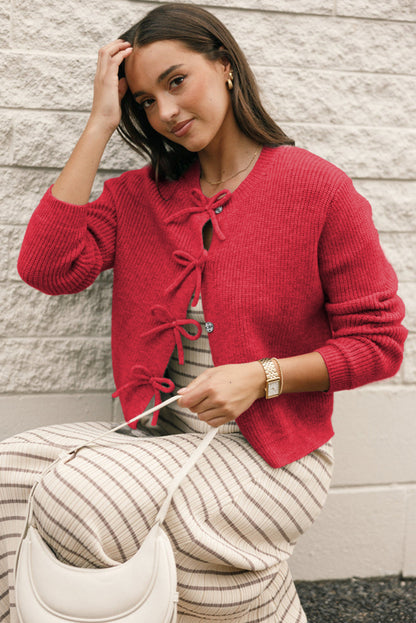 Philippine Gray Ribbed Knit Bow Front Buttoned Cardigan