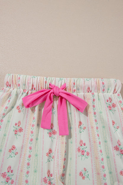 Beige Bow Fruit Print Contrast Pipping Short Pajamas Set