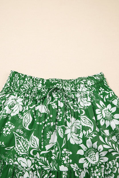 Green Floral Print Shirred Crop Top and High Waist Midi Skirt Set
