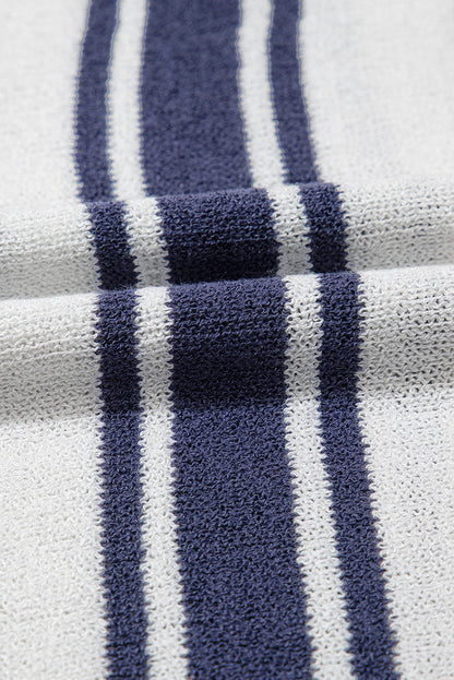 Dark Blue Stripe Collared Button V Neck Knitted T Shirt