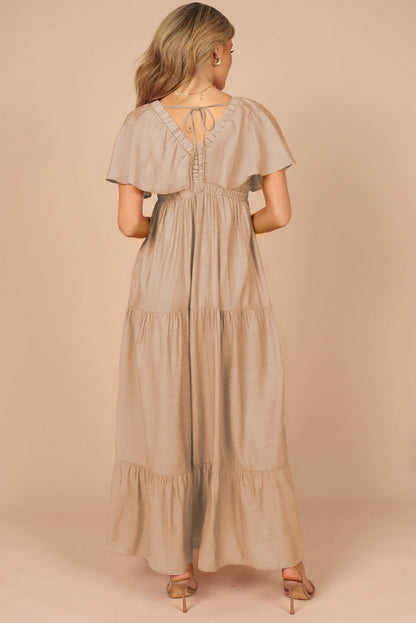 Grass Green Textured V Neck Flutter Sleeve Ruffled Maxi Dress
