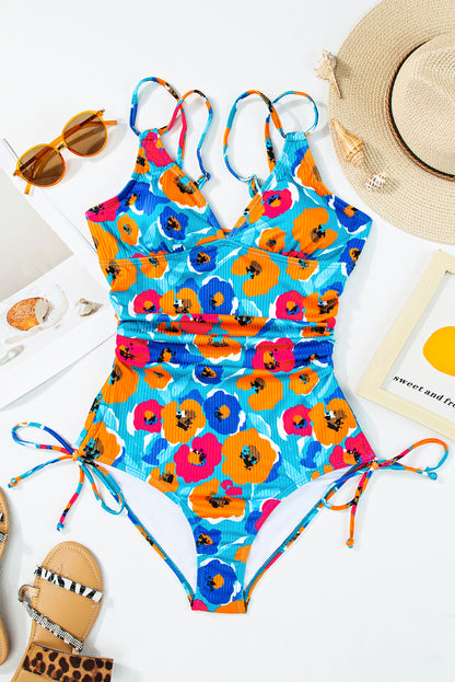 Sky Blue Orange Adjustable Straps Ribbed Knit One Piece Swimsuit