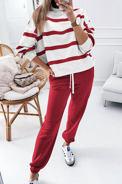Black Stripe Drop Shoulder Pullover and Jogger Pants Set