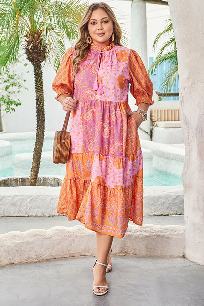 Pink Boho Paisley Floral Mixed Patchwork Tassel Tie Plus Size Midi Dress