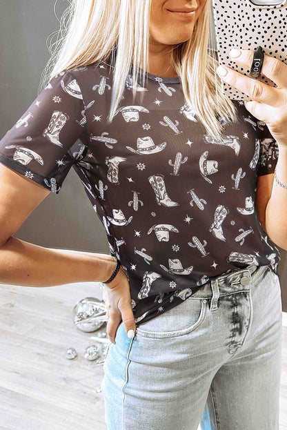 Black Western Pattern Mesh Sheer Crew Neck T Shirt