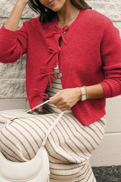 Philippine Gray Ribbed Knit Bow Front Buttoned Cardigan