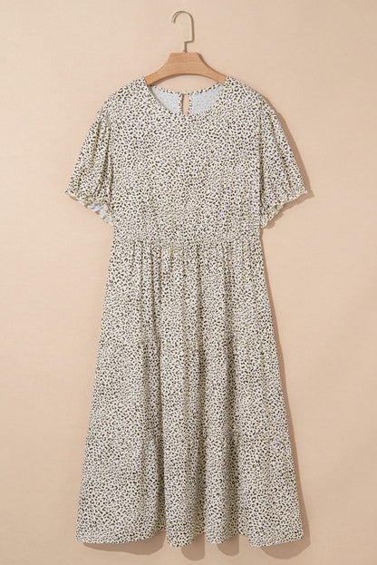 Beige Plus Size Leopard Print Frill Trim Short Sleeve Flared Dress