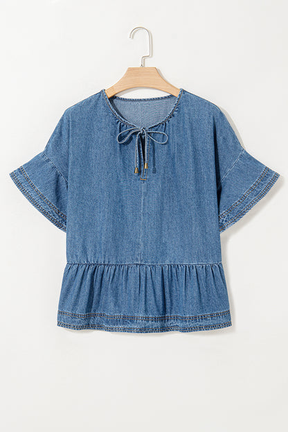 Dusk Blue Denim Ruffled Sleeve Lace up Front Peplum Top