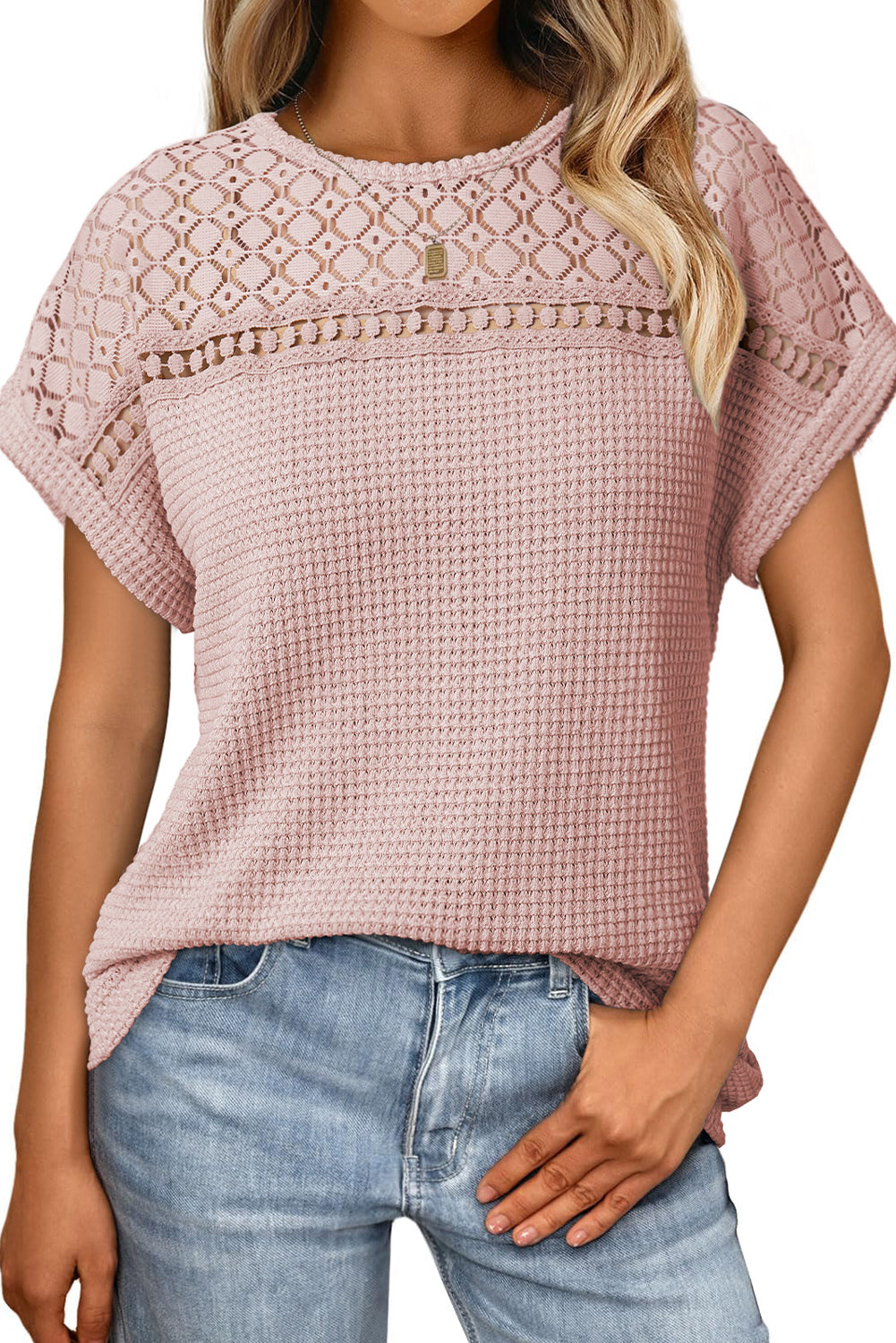 Oatmeal Lace Patchwork Waffle Short Sleeve Top