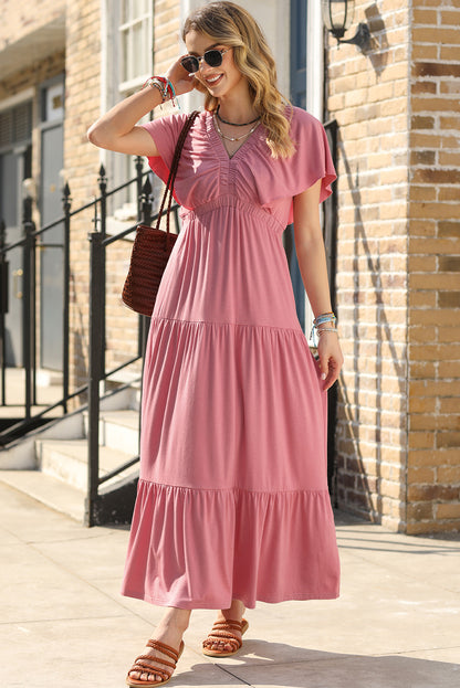 Grass Green Textured V Neck Flutter Sleeve Ruffled Maxi Dress