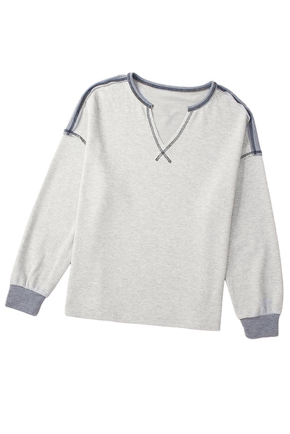 Gray Exposed Seam Ribbed Patchwork V Neck Sweatshirt