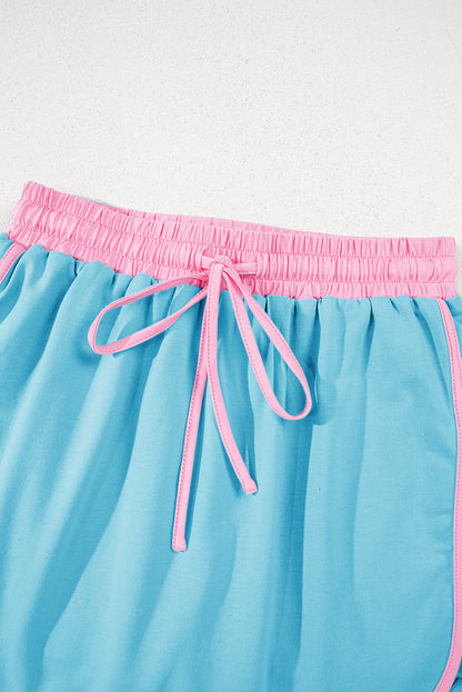 Turquoise Colorblock Edge Drop Shoulder T Shirt and Skirt 2Pcs Set