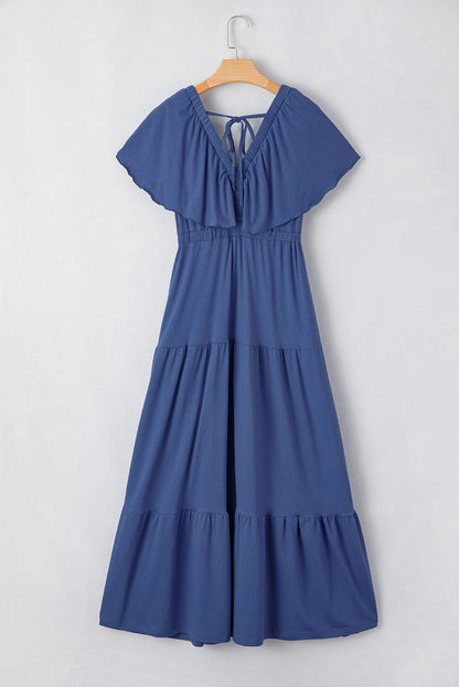 Navy Blue Textured V Neck Flutter Sleeve Ruffled Maxi Dress
