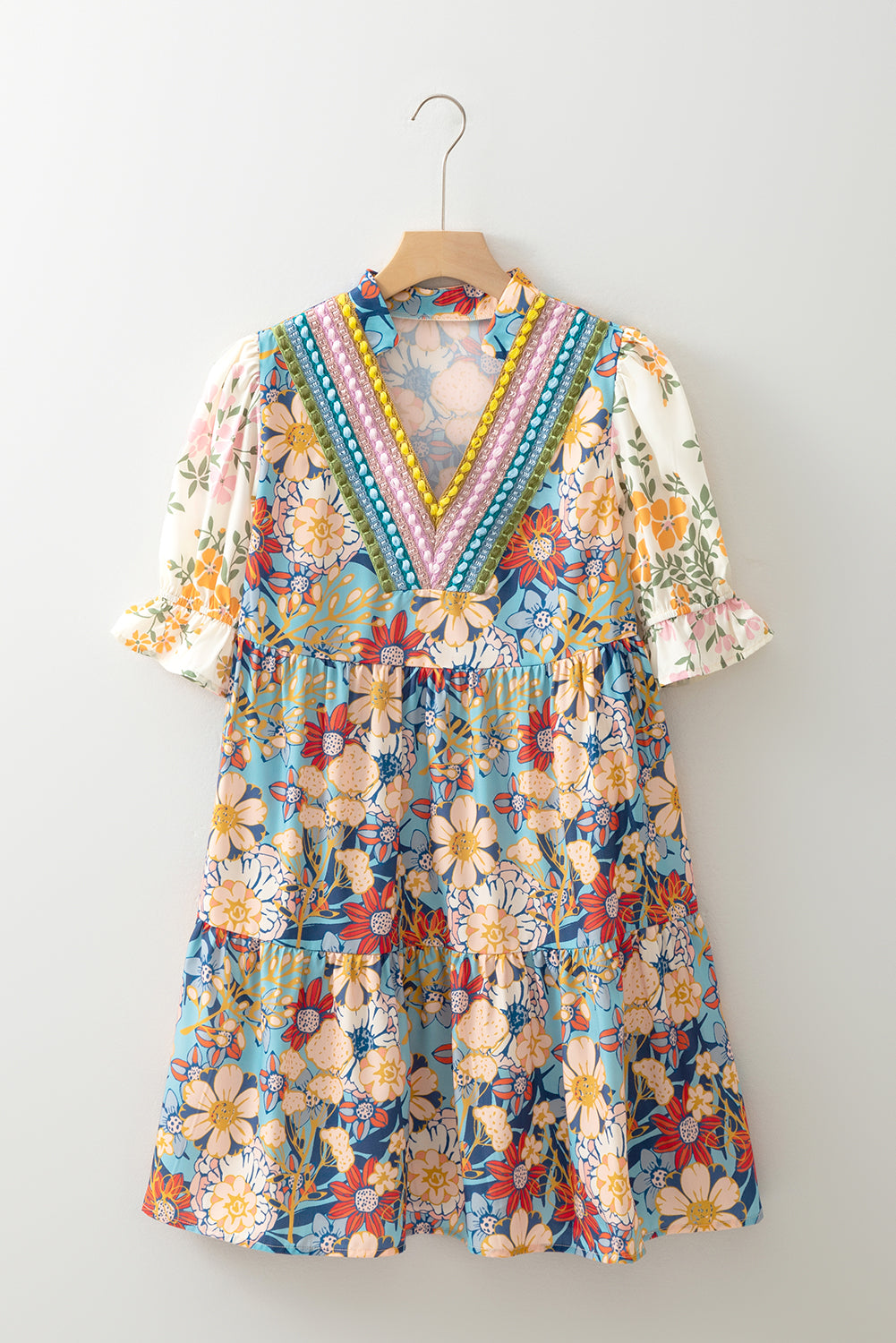 Multicolour Boho Floral Print Crochet Patchwork V Neck Loose Mini Dress