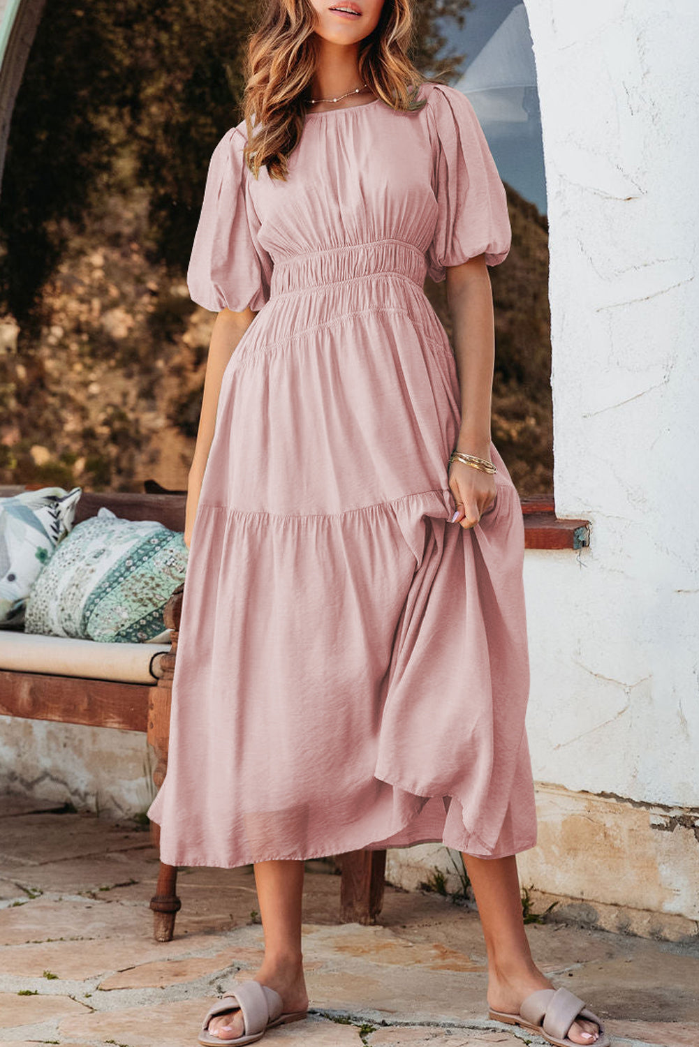 Black Puff Sleeve Pleated High Waist Flowy Long Dress
