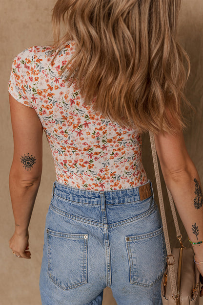 Orange Short Sleeve Floral Ruched Sweetheart Bodysuit