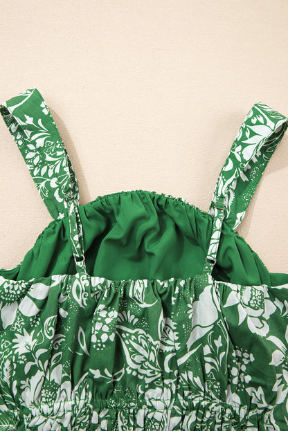 Green Floral Print Shirred Crop Top and High Waist Midi Skirt Set