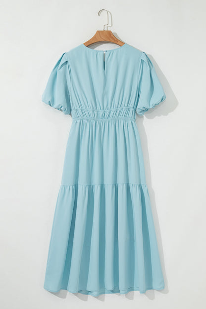 Black Puff Sleeve Pleated High Waist Flowy Long Dress