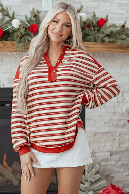 Red Stripe Buttoned V Neck Collared Drop Shoulder Top
