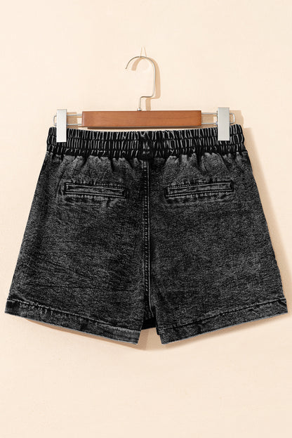 Dusk Blue Drawstring High Waist Pocketed Denim Shorts