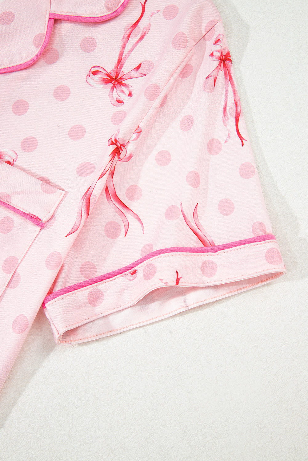 Beige Bow Fruit Print Contrast Pipping Short Pajamas Set