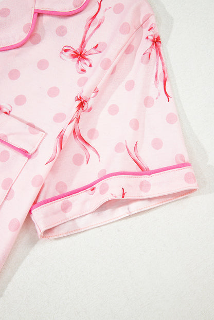 Beige Bow Fruit Print Contrast Pipping Short Pajamas Set