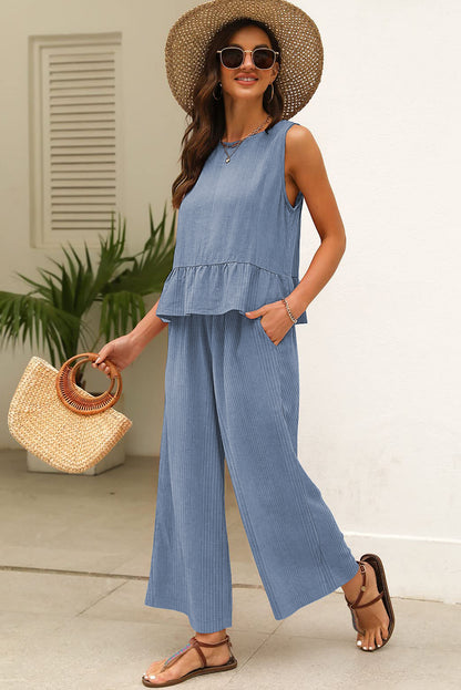 Duffel Green Solid Color Ribbed Ruffle Tank Top and Pants Set
