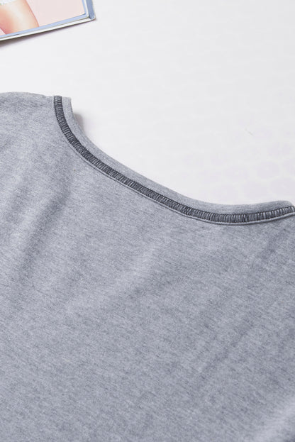 Gray Exposed Seam Ribbed Patchwork V Neck Sweatshirt