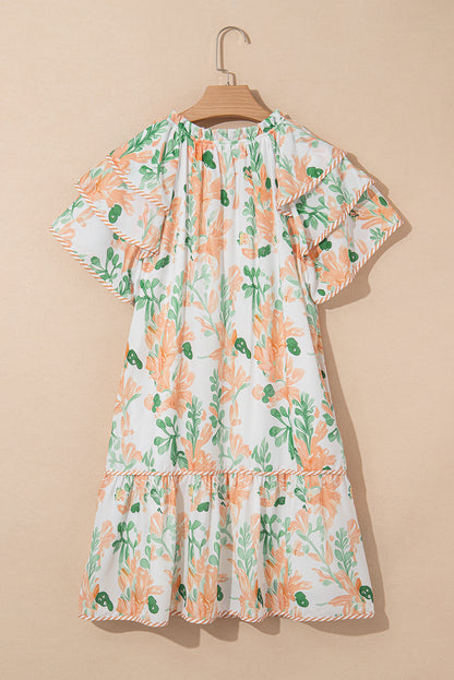 Sky Blue Floral Contrast Edge Layered Short Sleeve Mini Dress