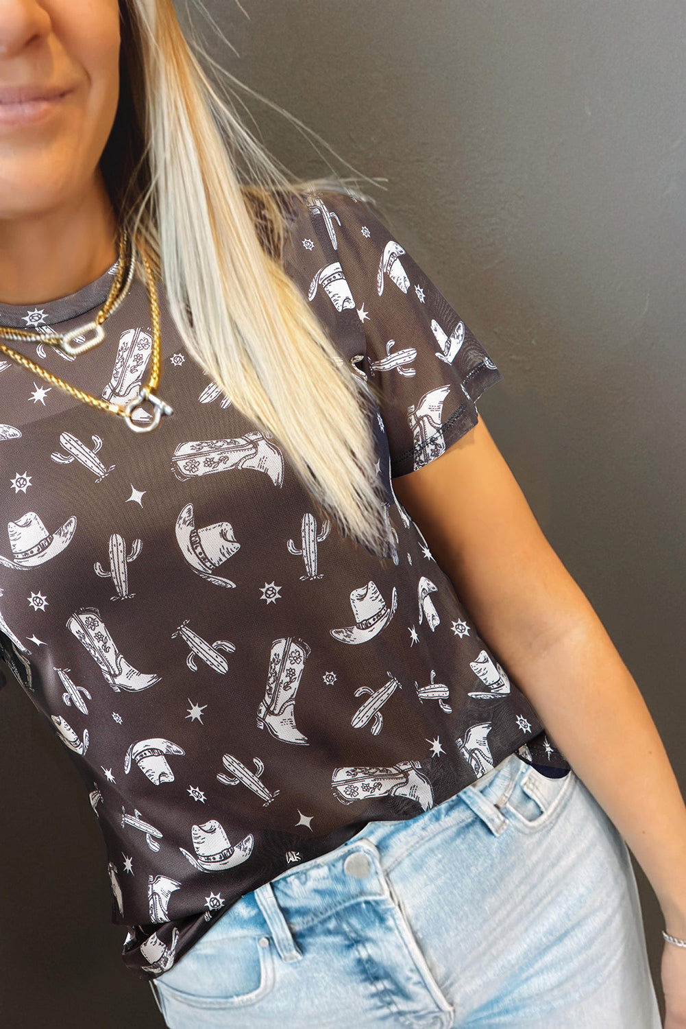 Black Western Pattern Mesh Sheer Crew Neck T Shirt