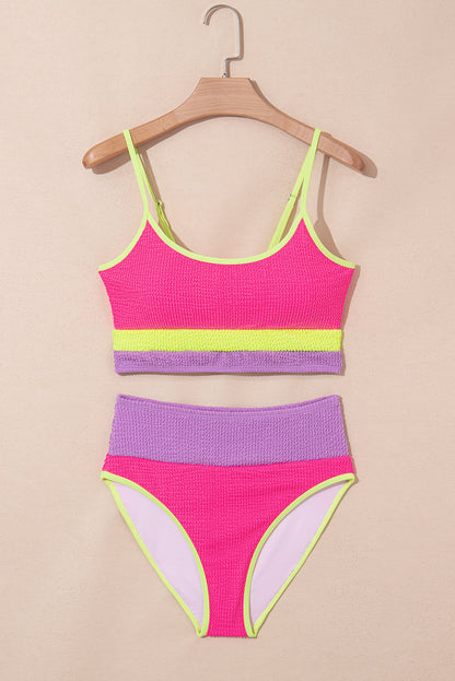 Rose Red Color Block High Waisted Sexy Bikini Set