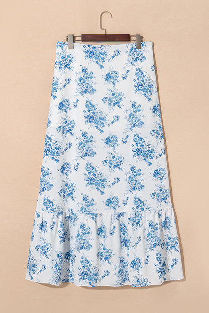 Sky Blue Boho Floral High Waist Ruffle Split Maxi Skirt