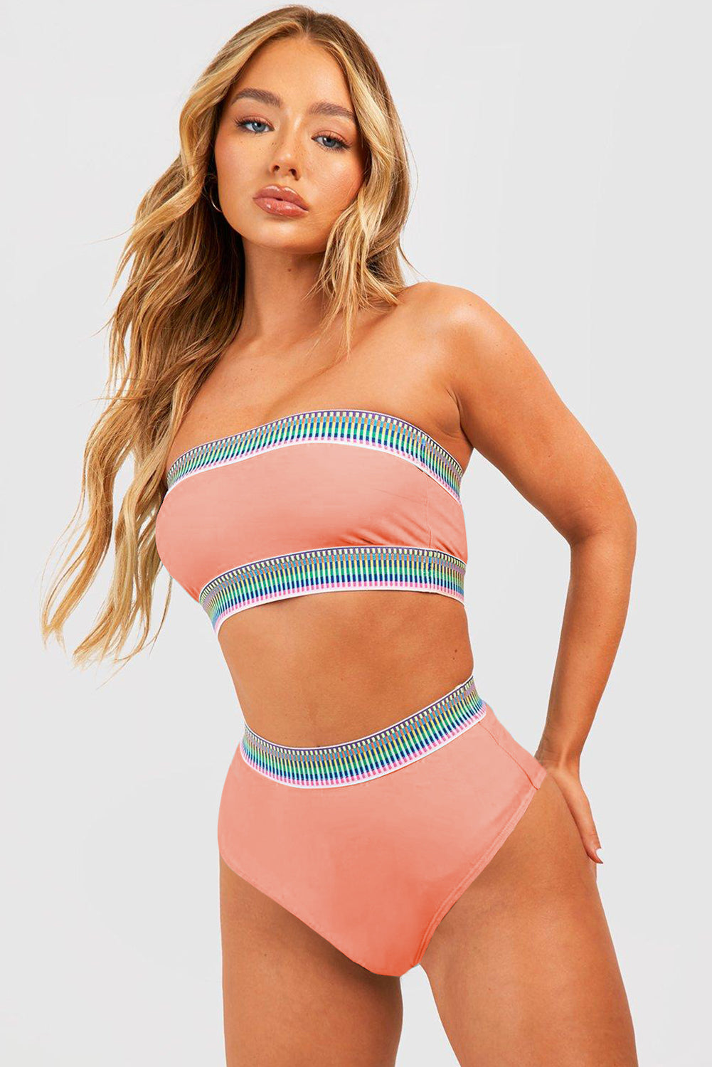 Peach Blossom Contrast Banding Tube Bikini High Waist 2pcs Swimsuit