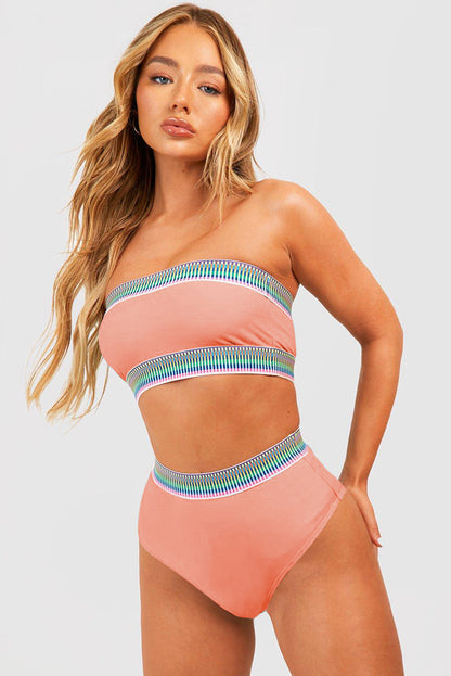 Peach Blossom Contrast Banding Tube Bikini High Waist 2pcs Swimsuit