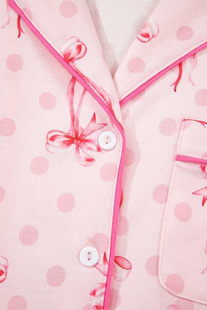 Beige Bow Fruit Print Contrast Pipping Short Pajamas Set
