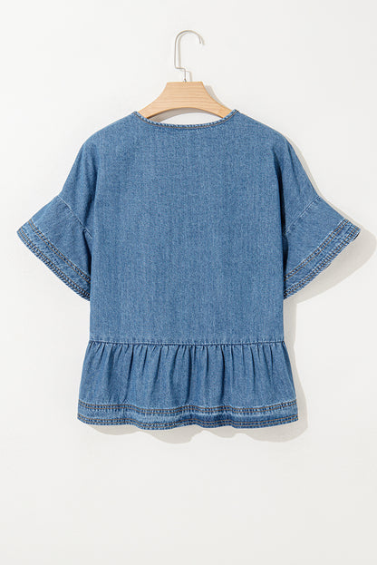 Dusk Blue Denim Ruffled Sleeve Lace up Front Peplum Top