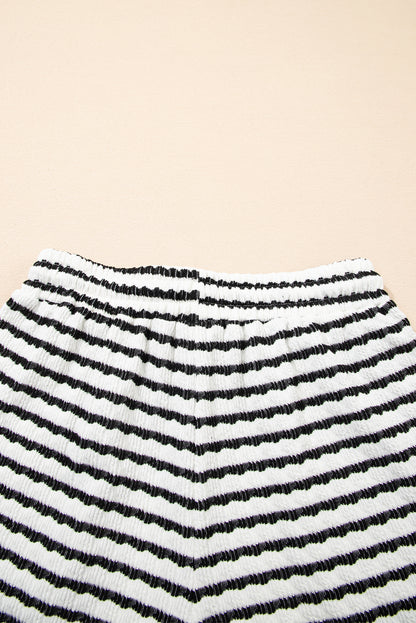 Sky Blue Stripe Knitted Short Sleeve Top and Drawstring Shorts Set