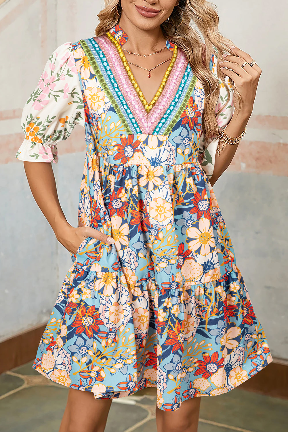 Multicolour Boho Floral Print Crochet Patchwork V Neck Loose Mini Dress