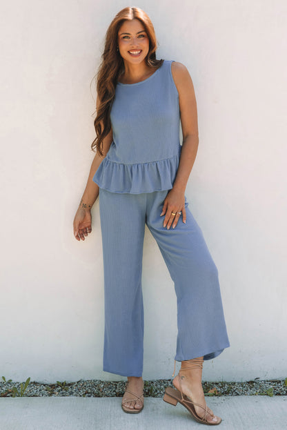 Duffel Green Solid Color Ribbed Ruffle Tank Top and Pants Set