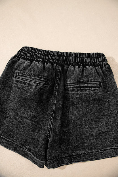 Dusk Blue Drawstring High Waist Pocketed Denim Shorts