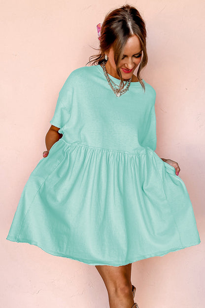 Sky Blue Solid Color Pocketed Raw Edge Babydoll Dress